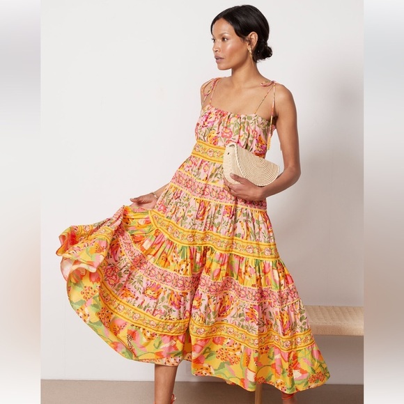 Farm rio large mixed fruits tiered flowy midi dress.